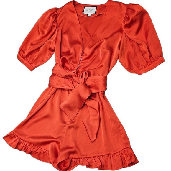 Alexis V-Neck Orange Frill Cuff Romper Wrap Around TIe Waist Puff Sleeve  Size S - Picture 4 of 9